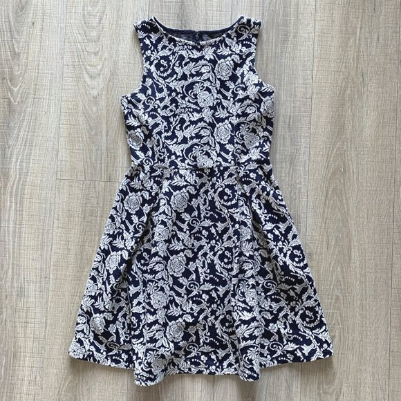 Ann Taylor Navy Blue Sleeveless Dress Jacquard Fit Flare STRETCH Size 00 Petite - Picture 1 of 8